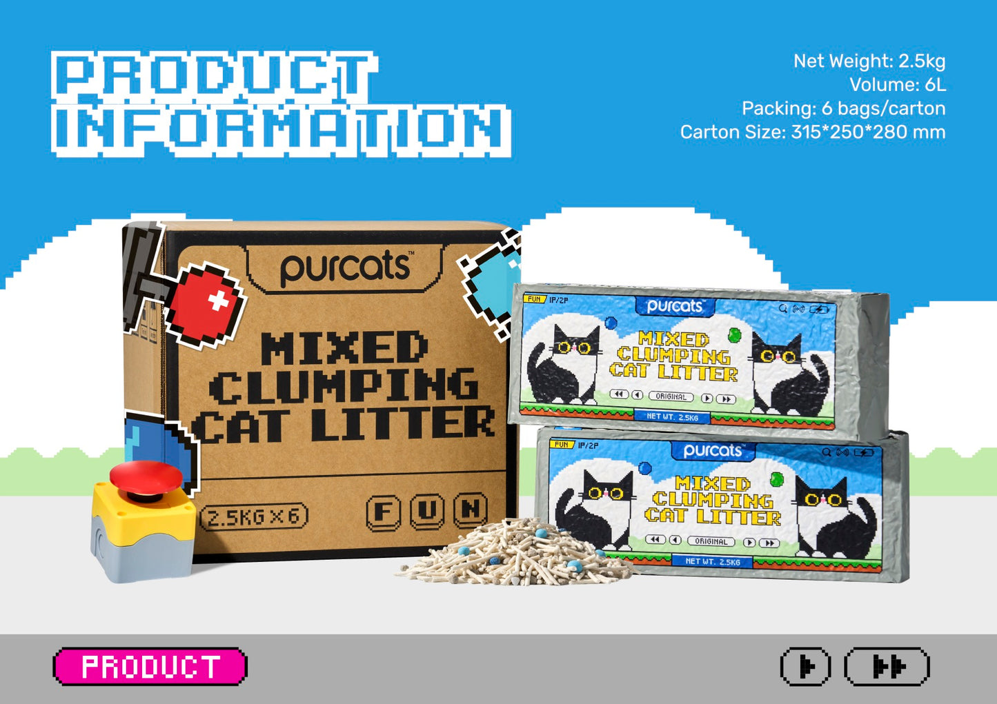 Purcats Fun Mix in KAAPAW Starter Pack – product information, weight 2.5kg, volume 6L, 6 bags per carton