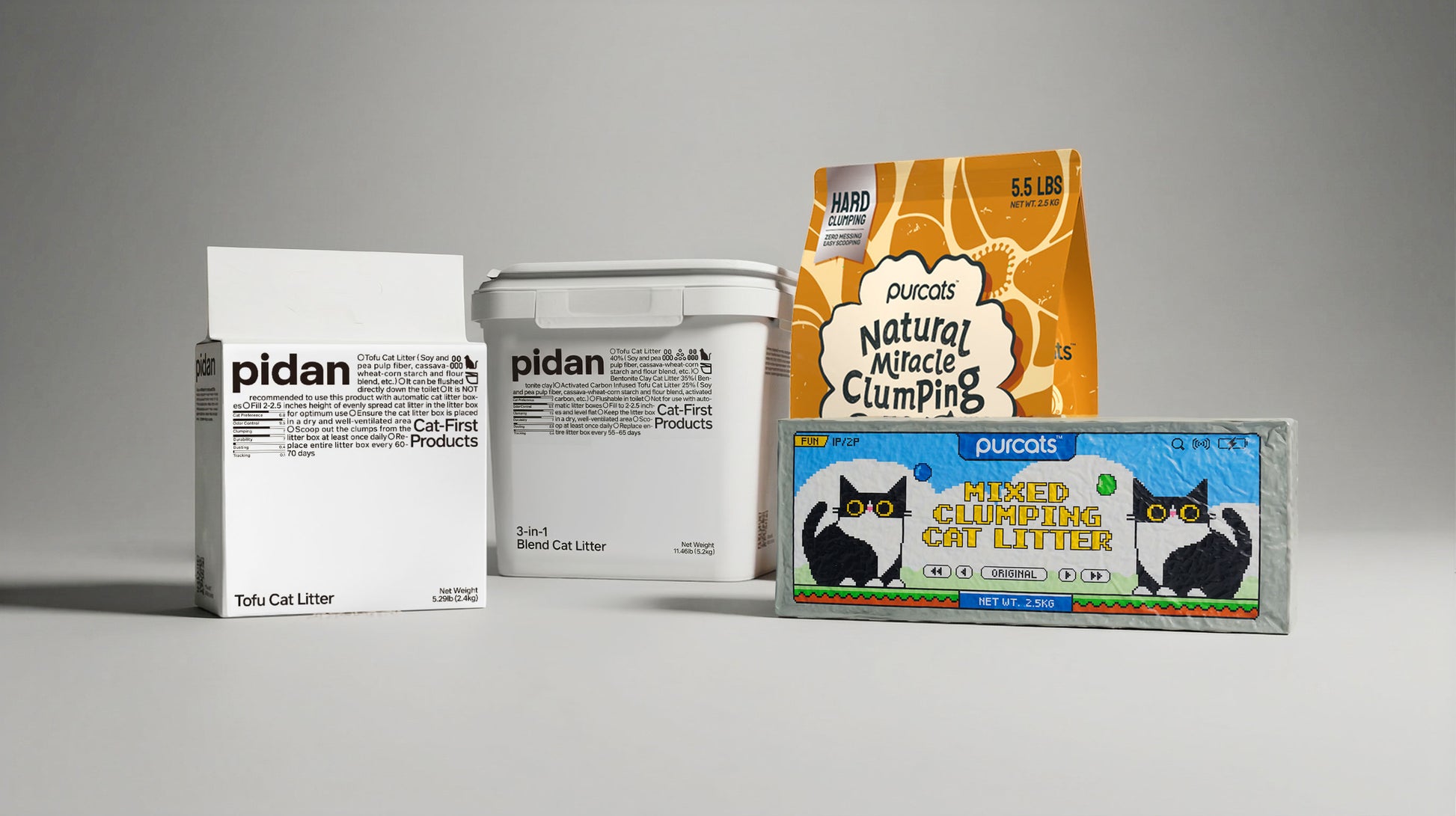 KAAPAW Starter Pack – all four plant-based cat litter formulas: Pidan Tofu, Pidan 3-in-1, Purcats Natural Miracle and Purcats Fun Mix