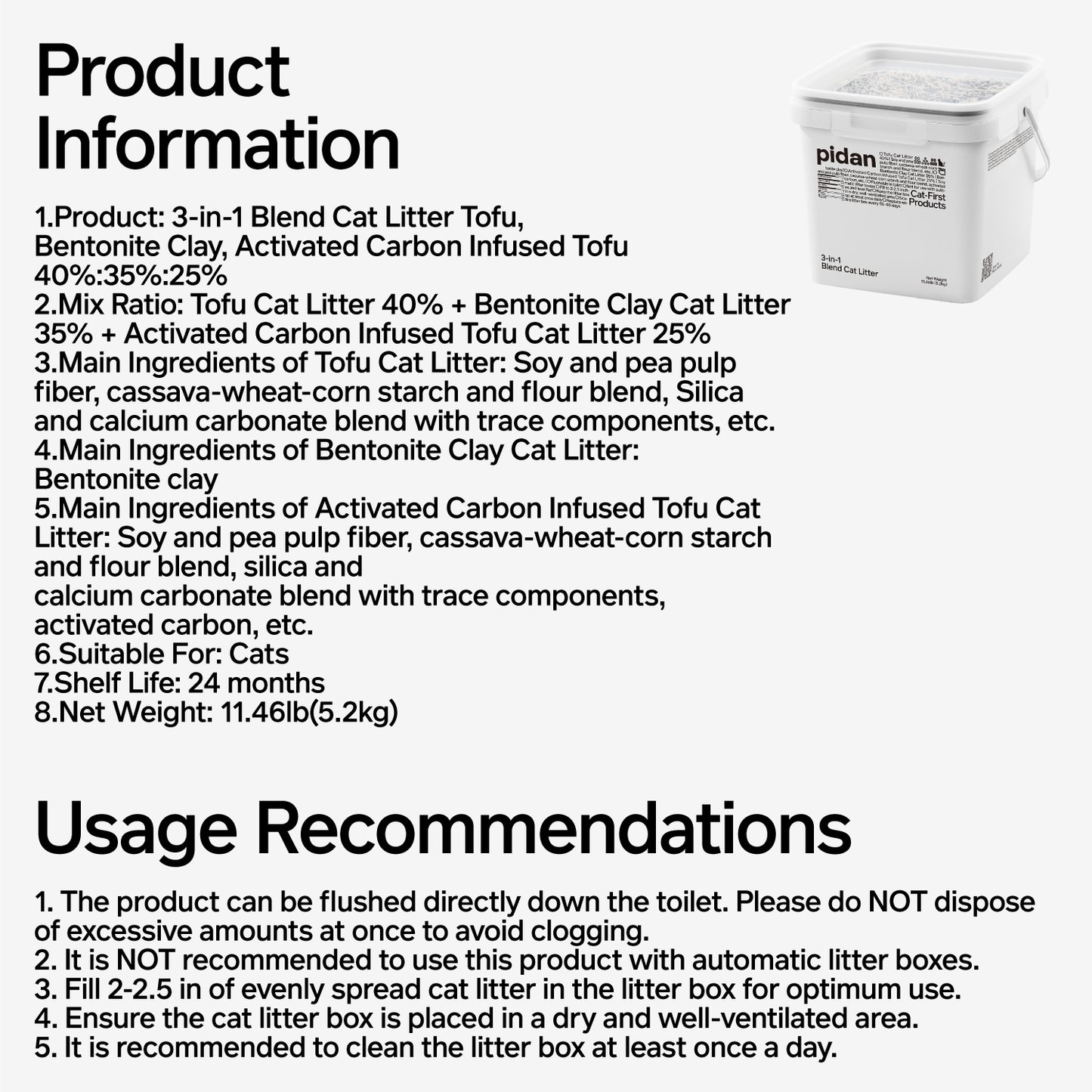 Pidan 3-in-1 cat litter product information, ingredients and usage recommendations