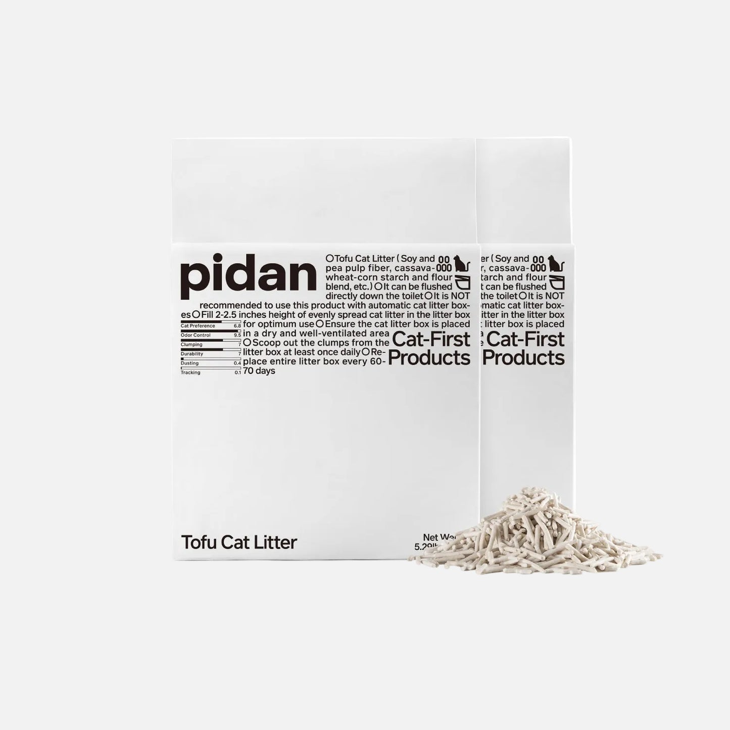 Two bags of Pidan Pure Tofu Cat Litter 4.8kg with tofu granules on white background