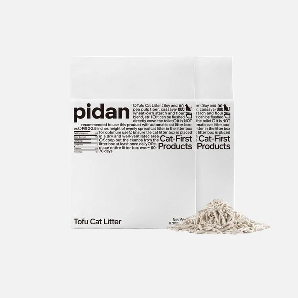 Two bags of Pidan Pure Tofu Cat Litter 4.8kg with tofu granules on white background