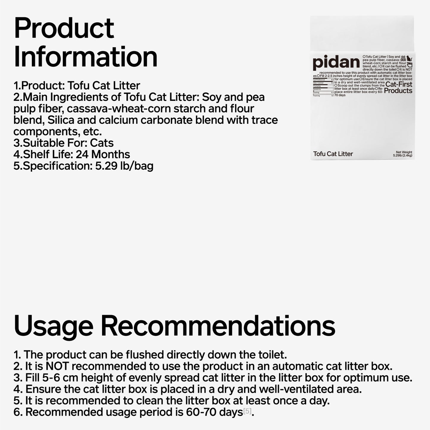 Pidan Tofu Cat Litter product information, ingredients and usage recommendations