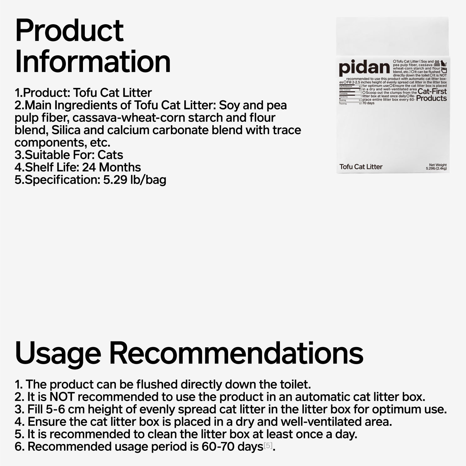 Pidan Tofu Cat Litter product information, ingredients and usage recommendations