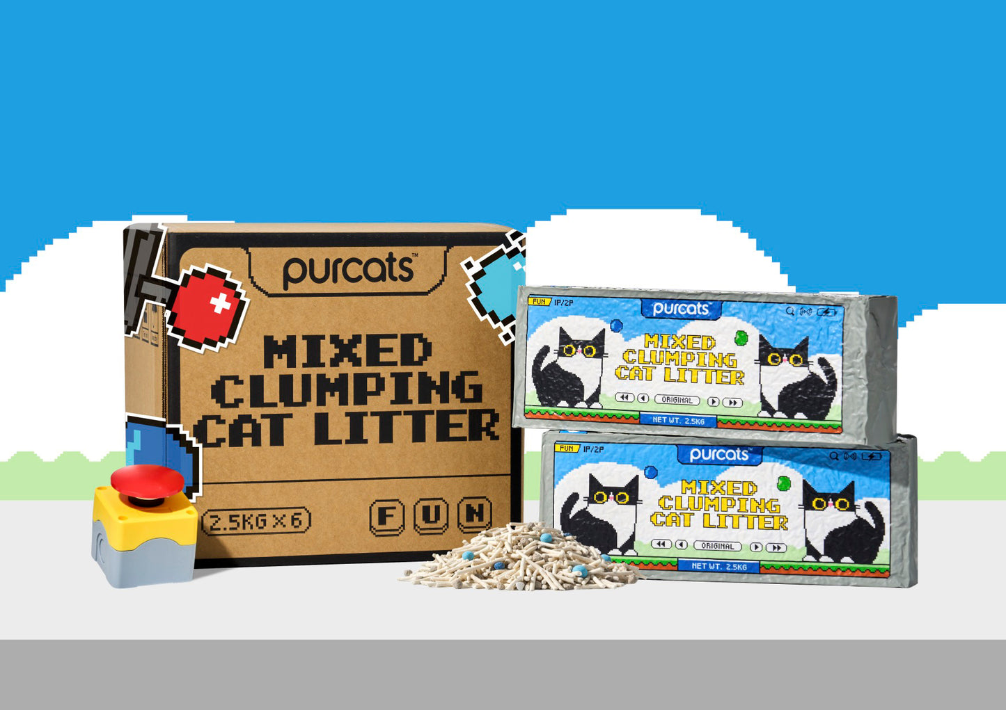 Purcats Fun Mix Mixed Clumping Cat Litter box packaging with two bags – 2.5kg x 6
