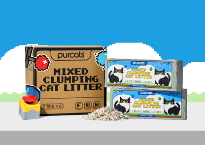 Purcats Fun Mix Mixed Clumping Cat Litter box packaging with two bags – 2.5kg x 6