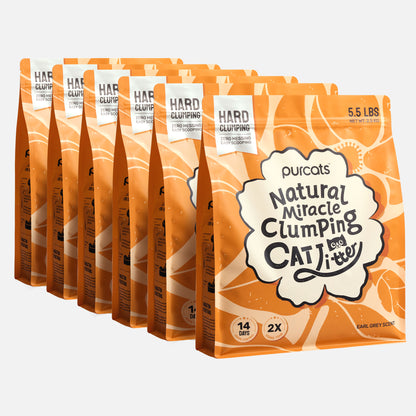 Six bags of Purcats Natural Miracle Clumping Cat Litter Earl Grey 15kg