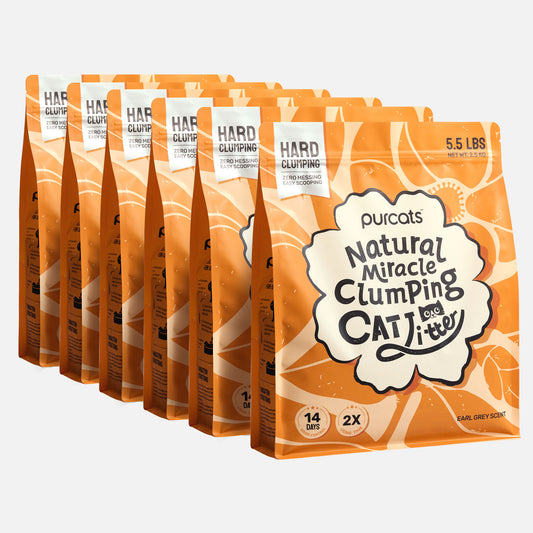 Six bags of Purcats Natural Miracle Clumping Cat Litter Earl Grey 15kg